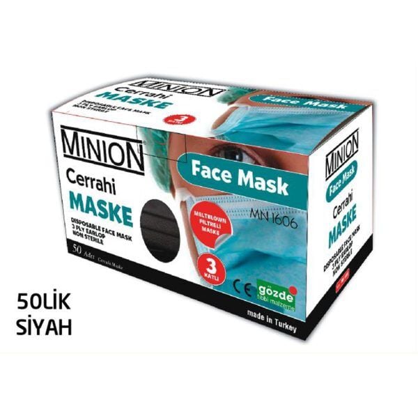 Minion 3 Katlı Meltblown Siyah Cerrahi Maske Telli 50'li